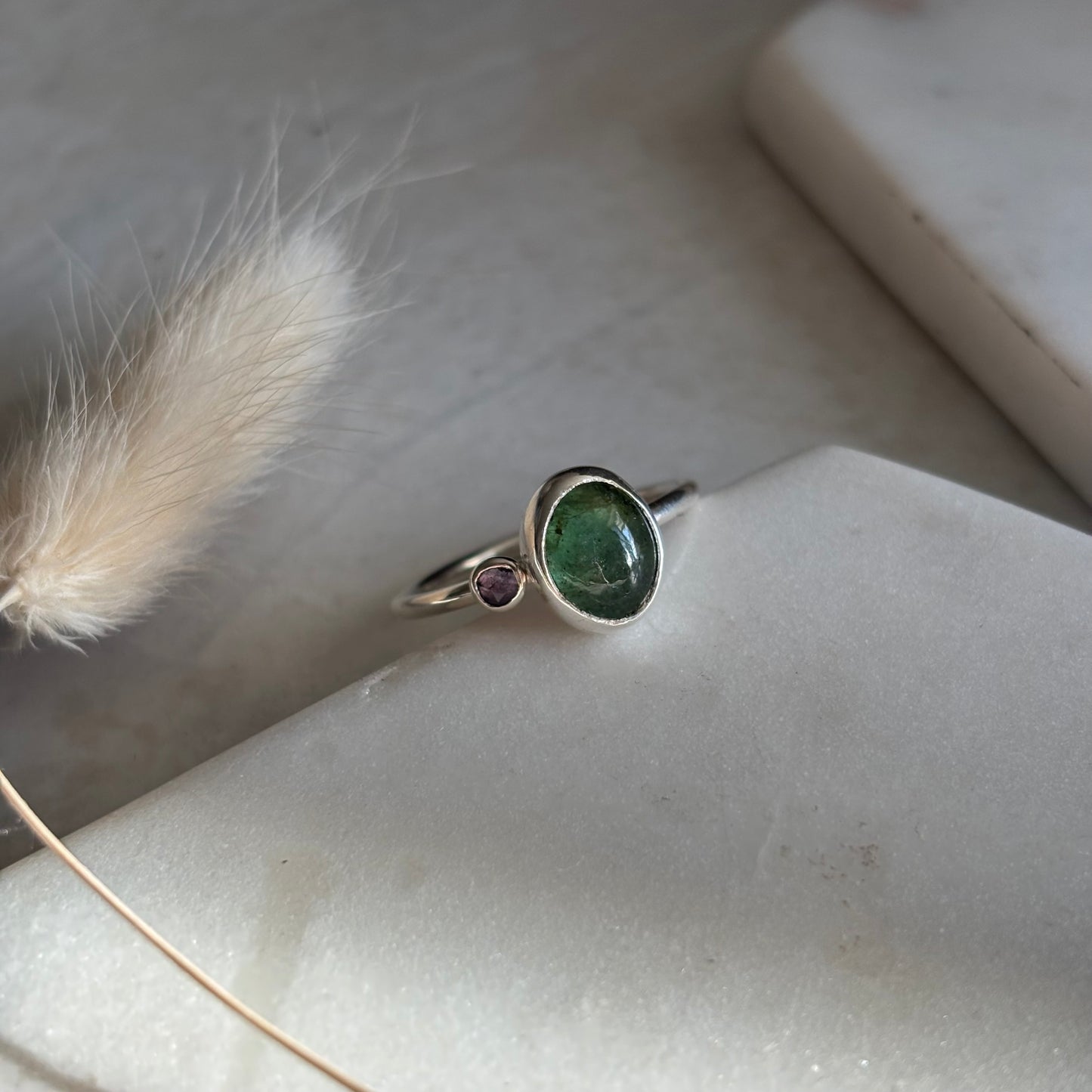 Smooth Emerald + Tanzanite Ring - Size 8.5