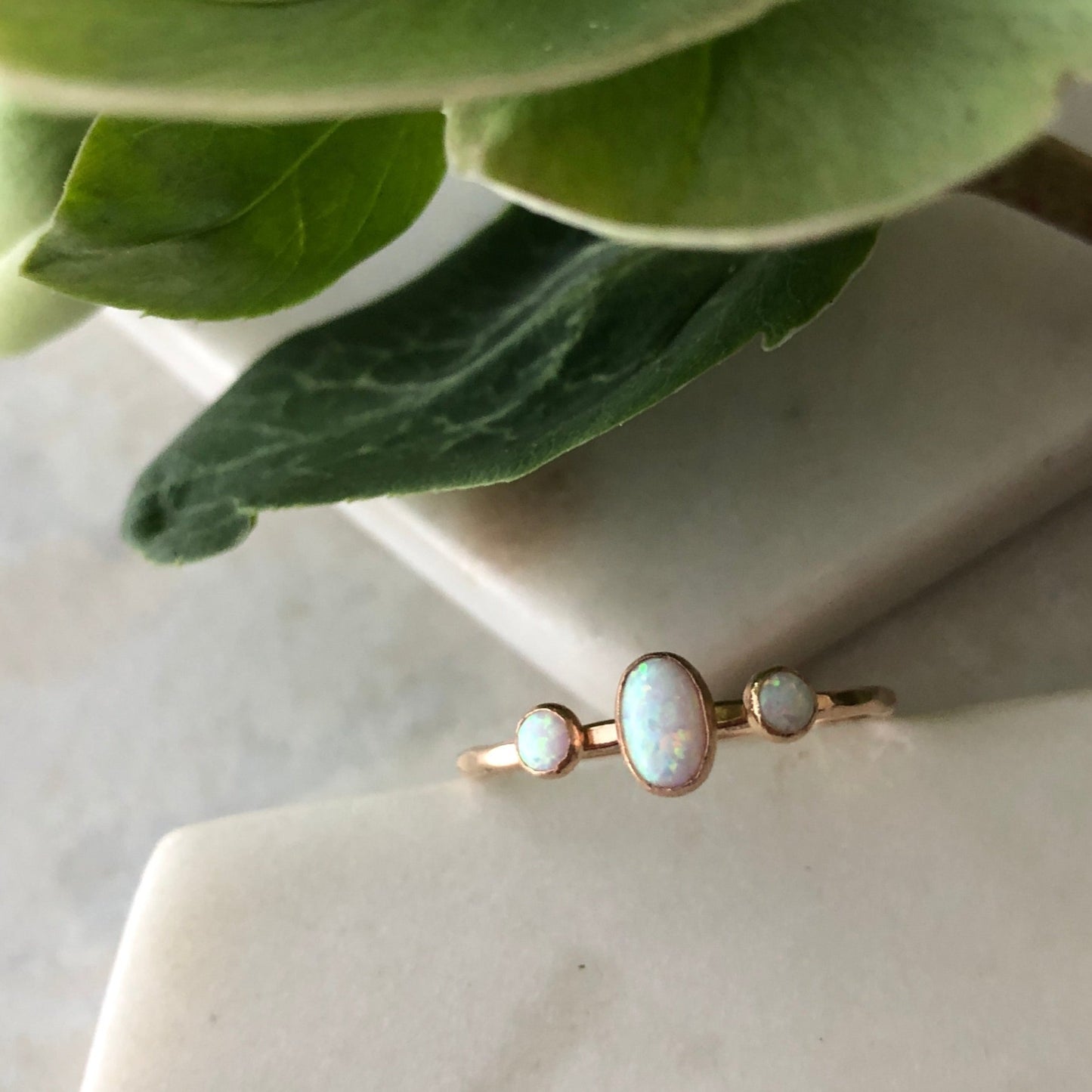 Oval Triple Gemstone Ring - White Opal