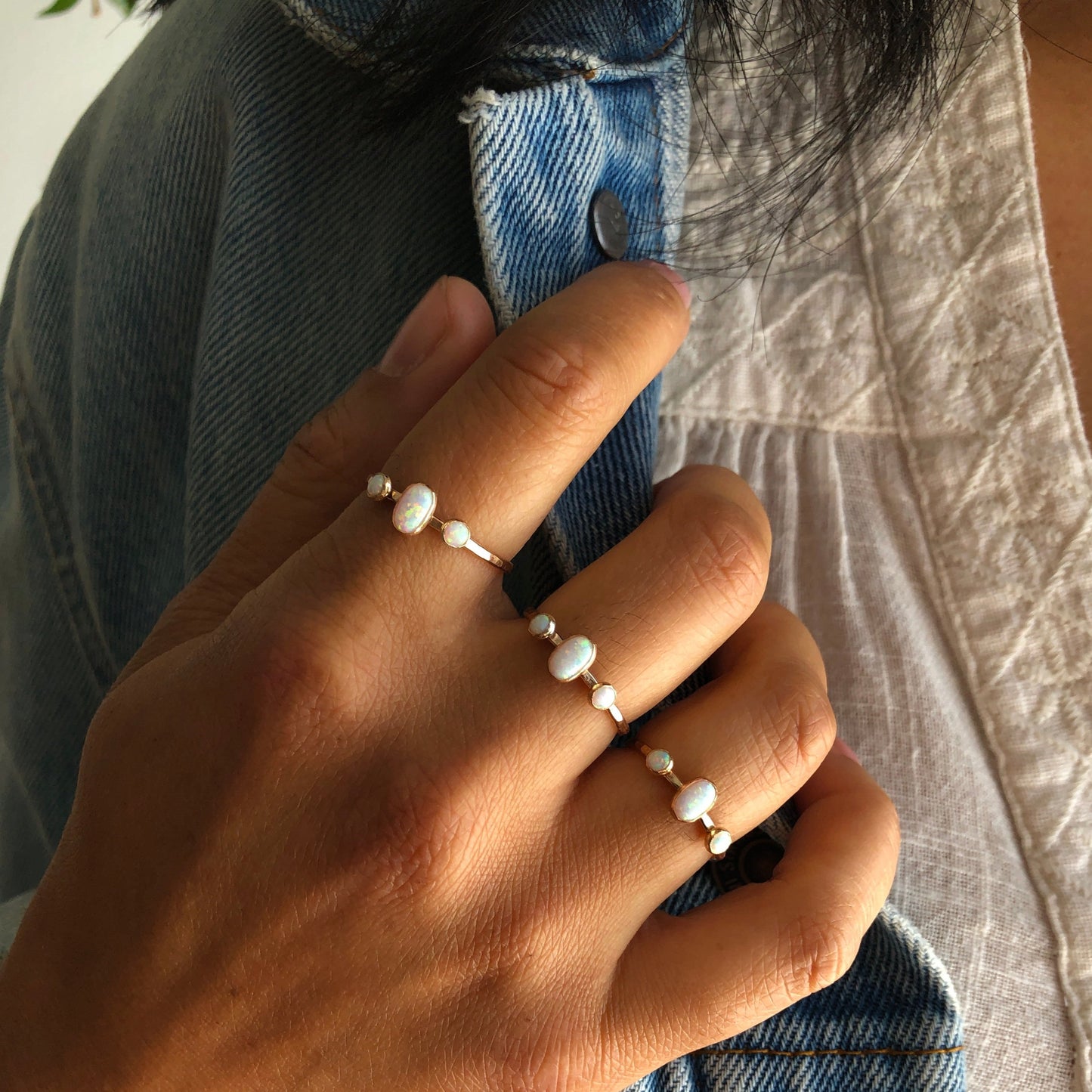Oval Triple Gemstone Ring - White Opal