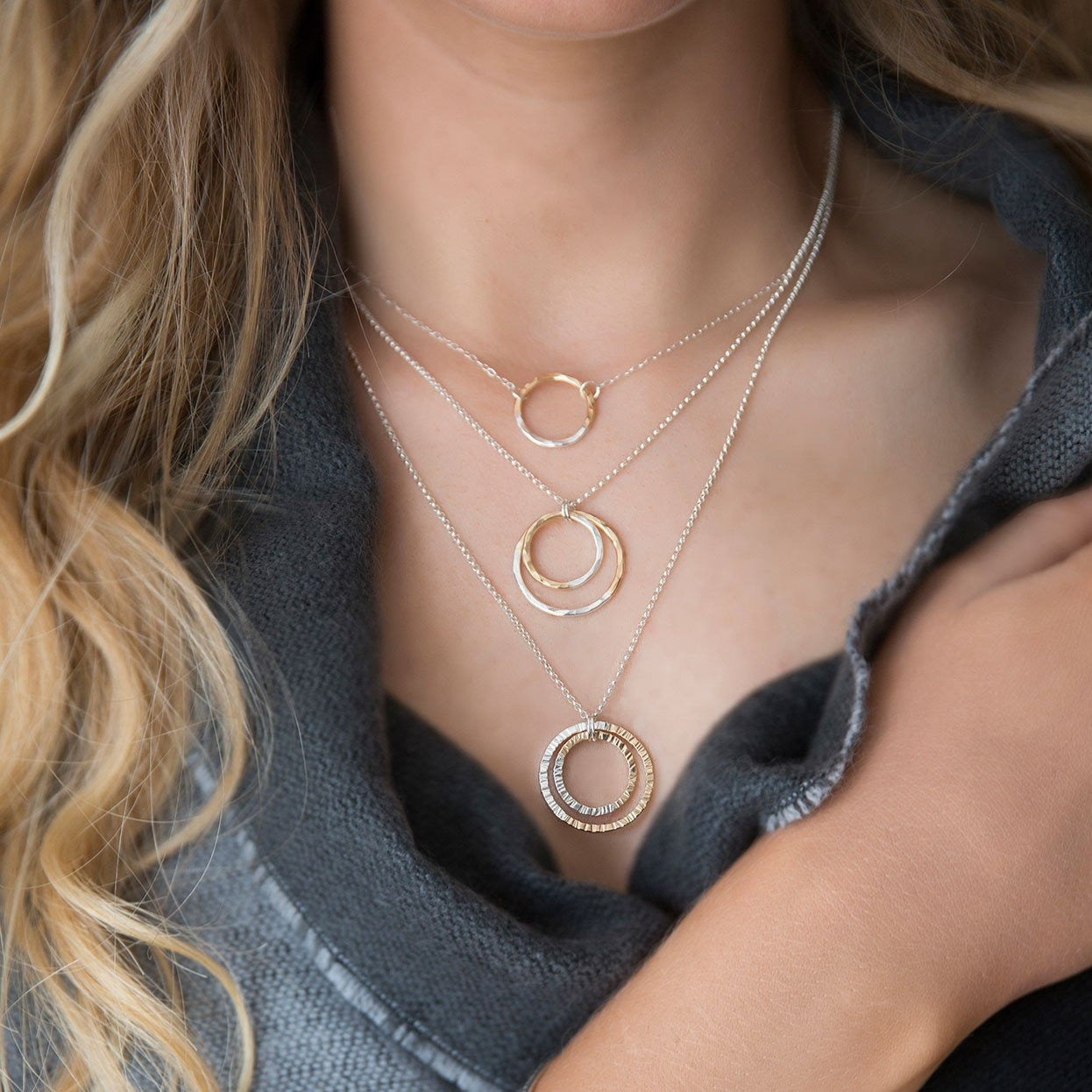 strut jewelry gold fill silver fusion faceted double circle necklace