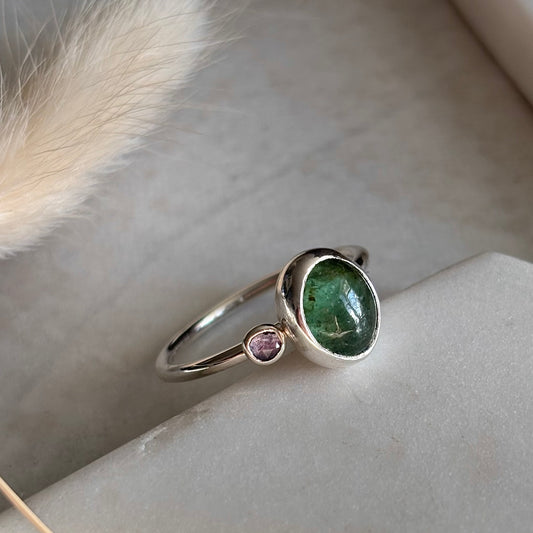 Smooth Emerald + Tanzanite Ring - Size 8.5