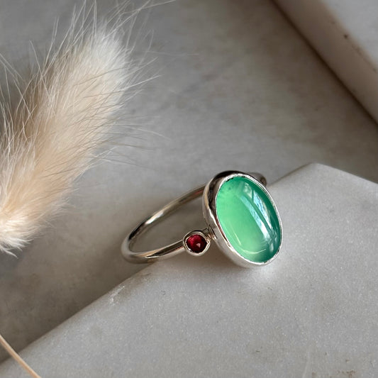 Smooth Chrysoprase + Pink Tourmaline Ring - Size 9.5