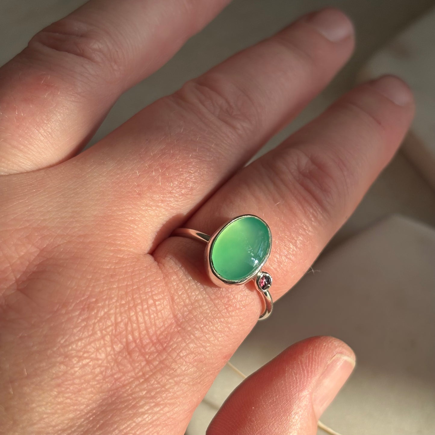 Smooth Chrysoprase + Pink Tourmaline Ring - Size 9.5