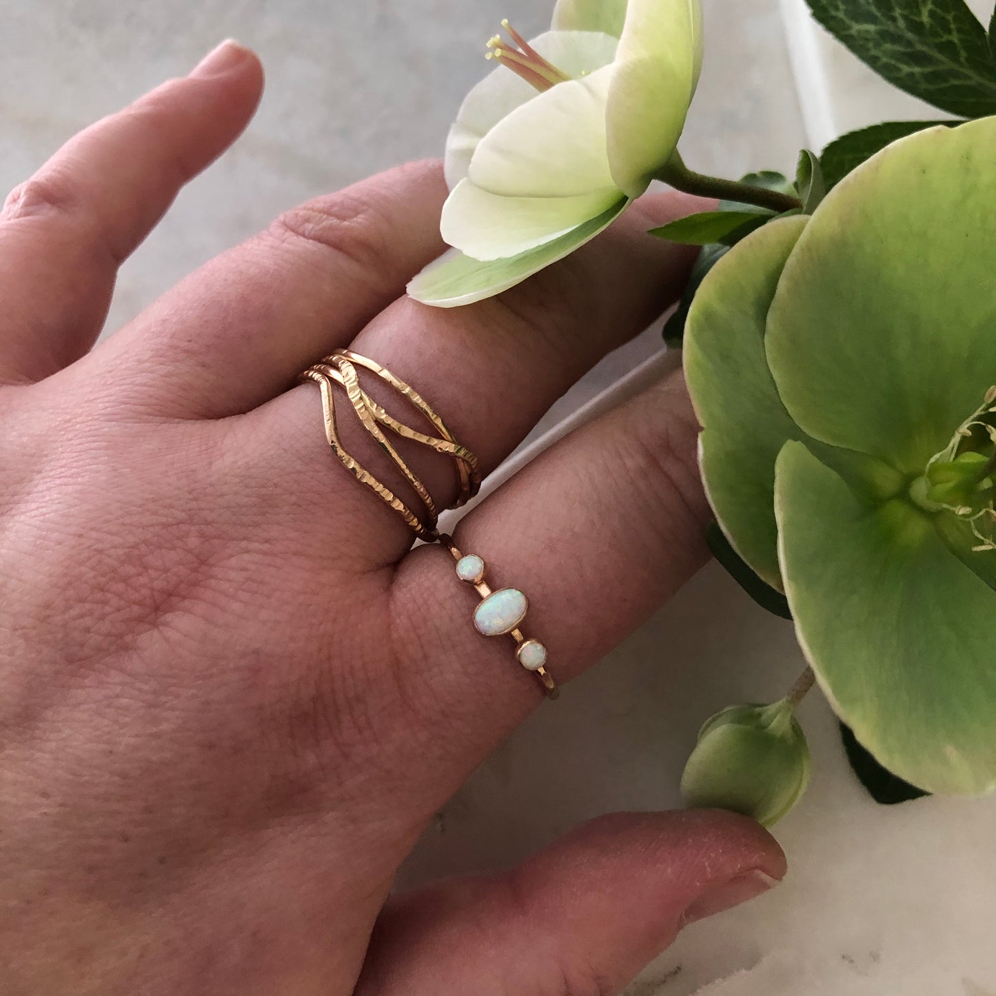 Oval Triple Gemstone Ring - White Opal