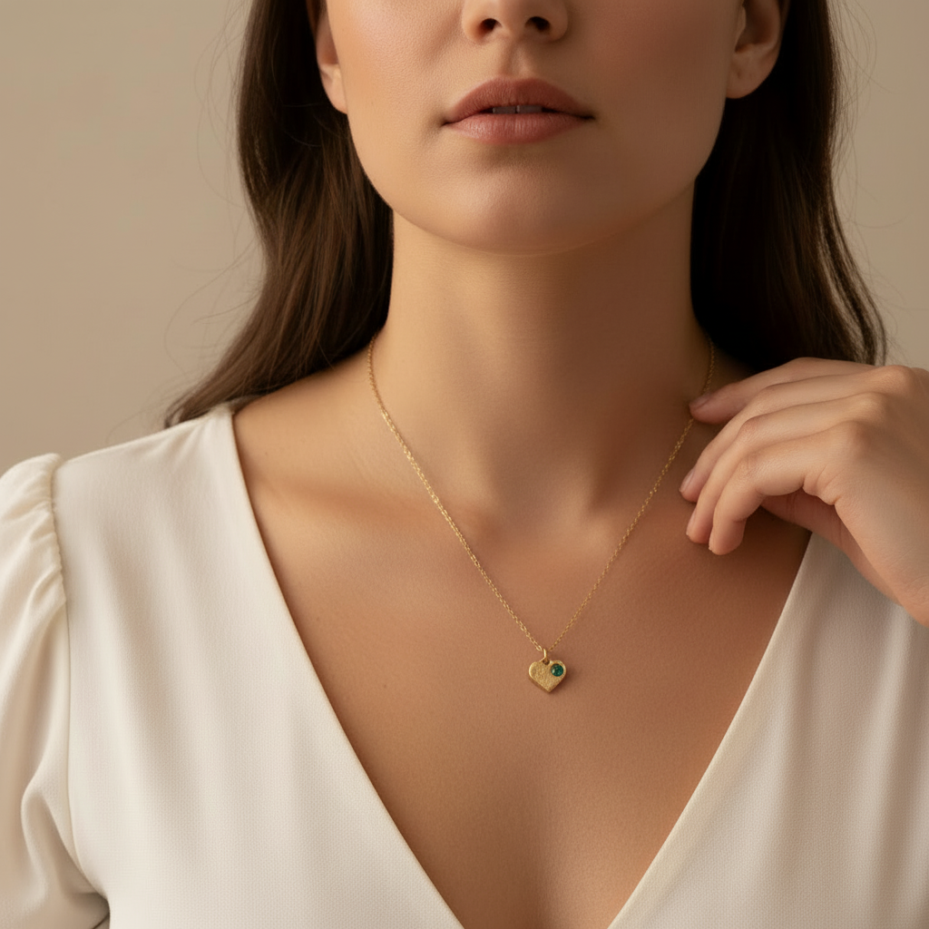 Woman wearing a gold necklace with a heart-shaped pendant against a neutral background