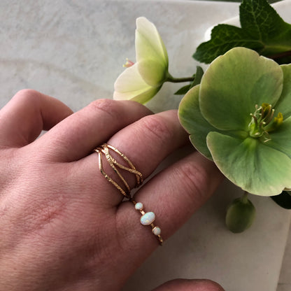 A hand wearing a gold ring with multiple criss crossing wires on a neutral background with a flower.