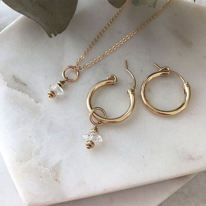 strut jewelry herkimer diamond charms on necklace and hoops 14k gold fill
